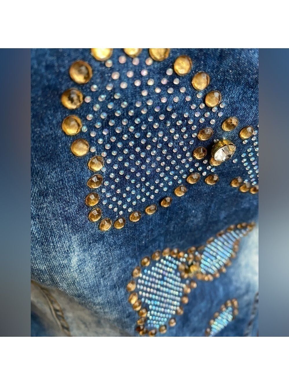 Y2k DENIM MINI DRESS EMBROIDERED BUTTERFLIES RHINESTONES MADE IN EUROPE - Picture 11 of 16